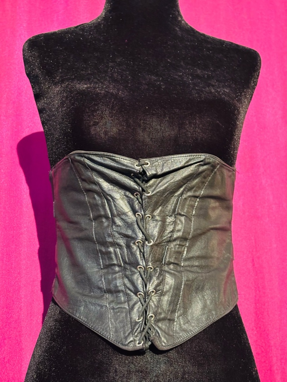 VINTAGE Black Leather Lace-Up Waist Cincher Corset Top